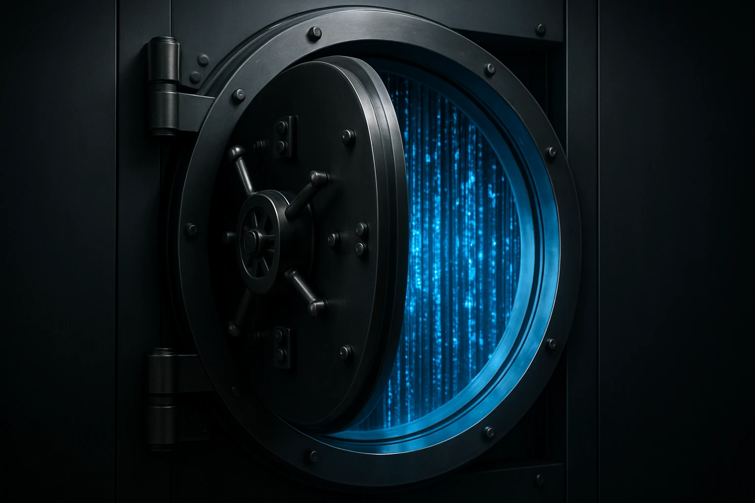 A high-security vault door slightly ajar, revealing a glowing, digital representation of data streams secured inside, symbolizing Vosita.com's commitment to protecting patient information.