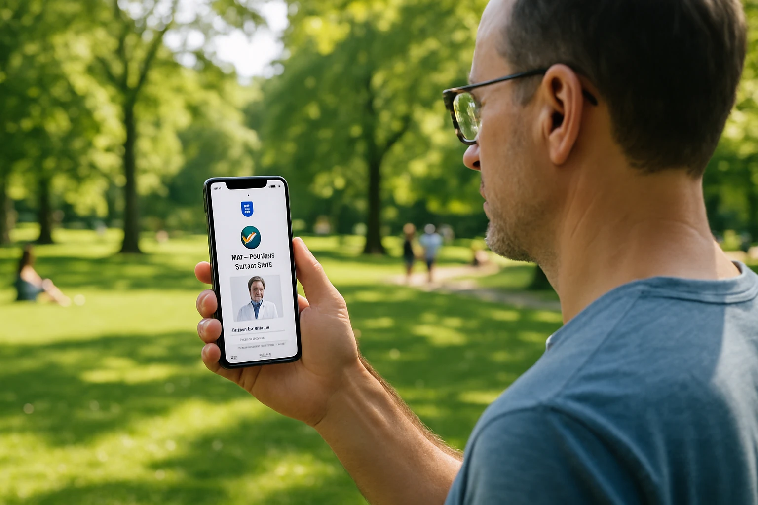 A patient standing in a sunny park, holding a smartphone displaying the Vosita app with an appointment confirmation, surrounded by lush greenery and people enjoying a leisurely day.