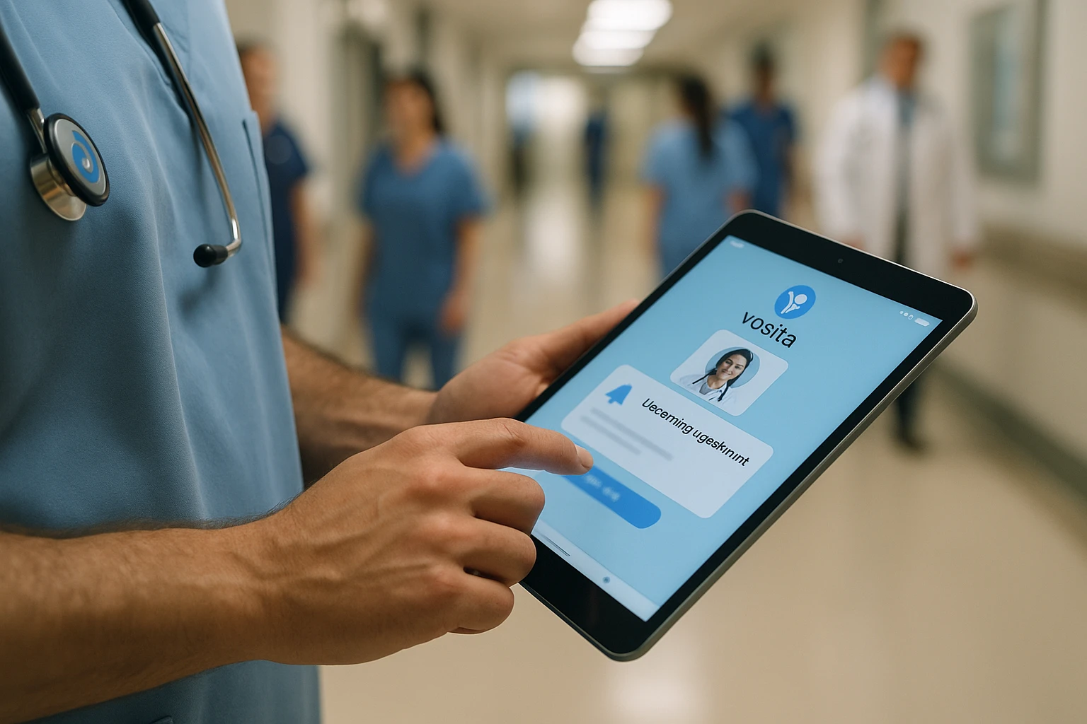 A close-up of a healthcare provider’s hand using a tablet with the Vosita app open, displaying a notification of an upcoming appointment, set against the backdrop of a bustling hospital corridor.