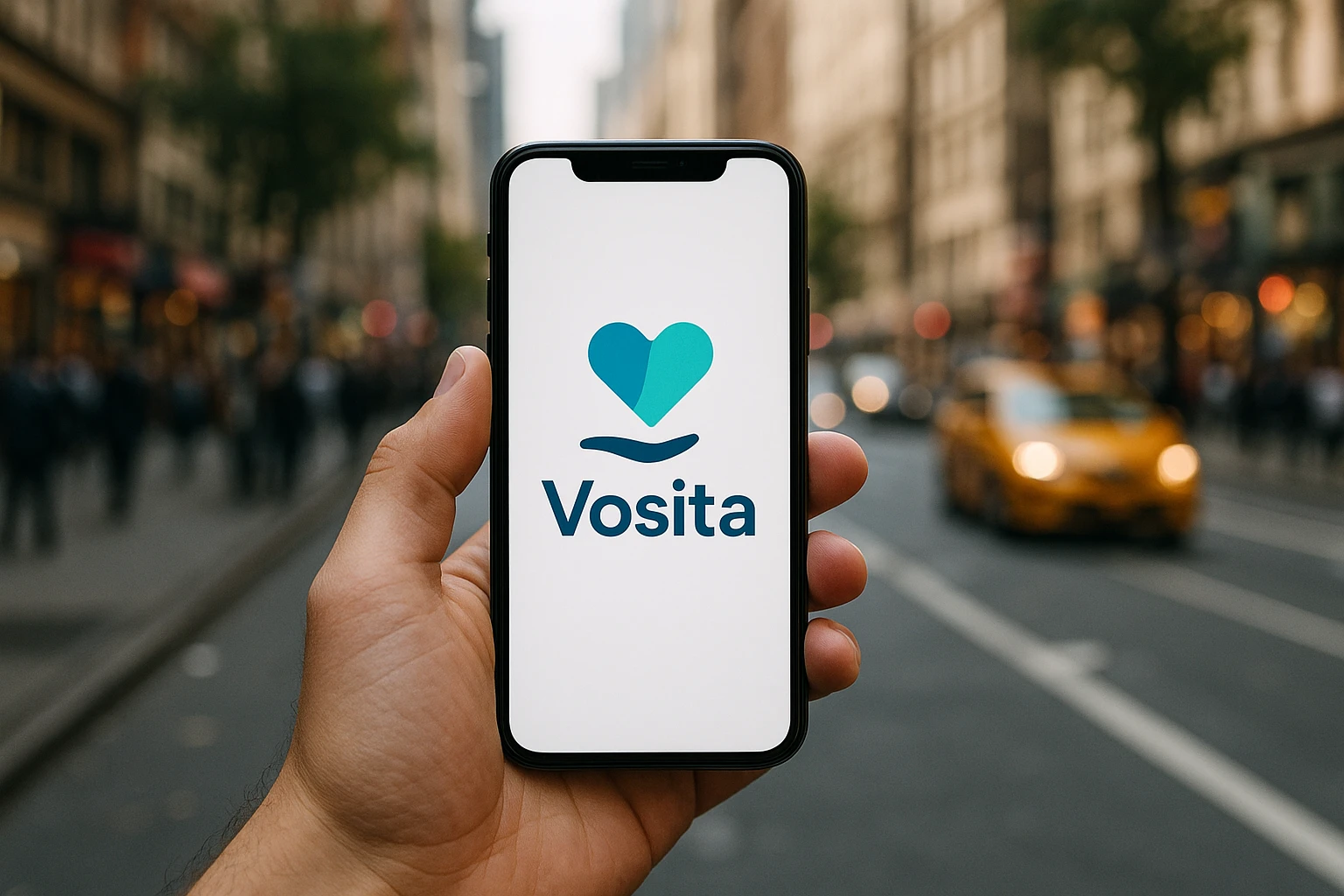 A hand-held smartphone displaying the Vosita.com logo, with a background of a bustling city street, highlighting the ease of scheduling health appointments on-the-go.