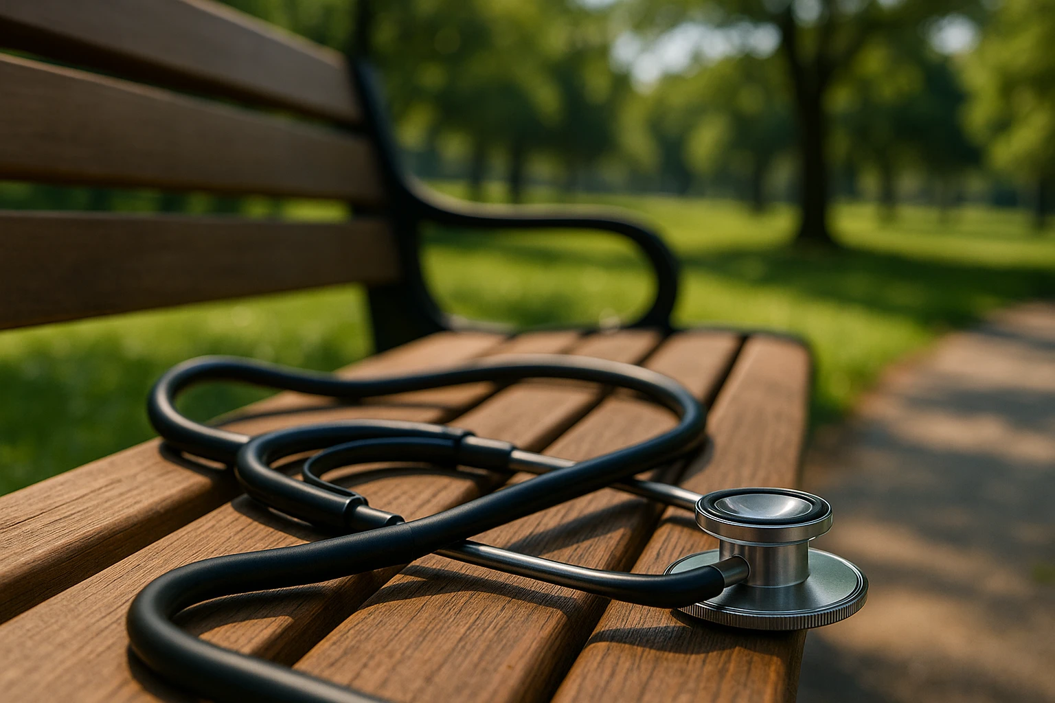 A stethoscope resting on a wooden bench in a sunny park, with the Vosita.com logo subtly engraved on the stethoscope handle, illustrating the accessibility of digital healthcare scheduling in everyday life.