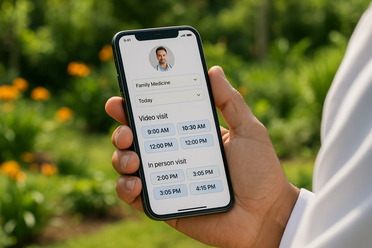 A close-up of a smartphone in a patient’s hand showing the Vosita.com interface with appointment options, set in a bright outdoor garden to convey accessibility and innovation in healthcare services.