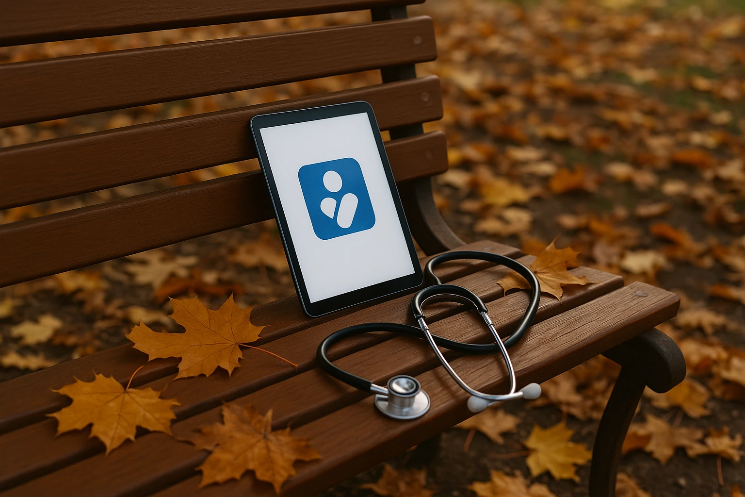 A stethoscope and a tablet displaying the Vosita.com logo, placed on a park bench surrounded by autumn leaves, illustrating modern healthcare technology in a natural setting.
