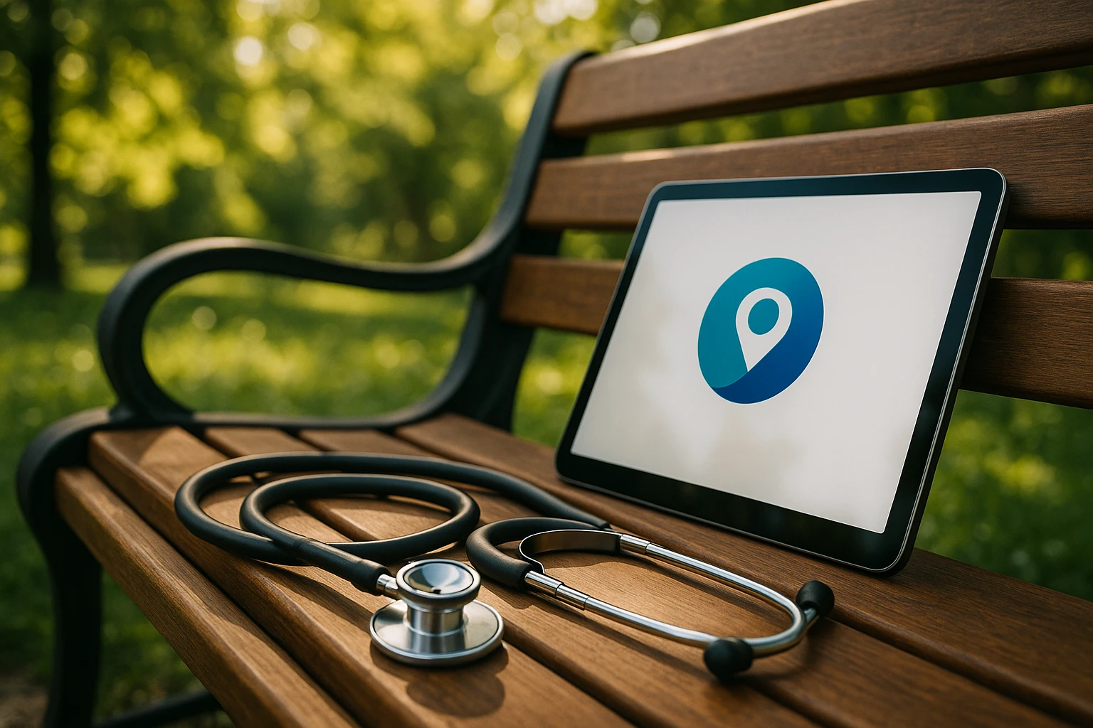 A stethoscope and tablet with the Vosita.com logo displayed on the screen, resting on a park bench surrounded by lush greenery and sunlight filtering through the leaves.