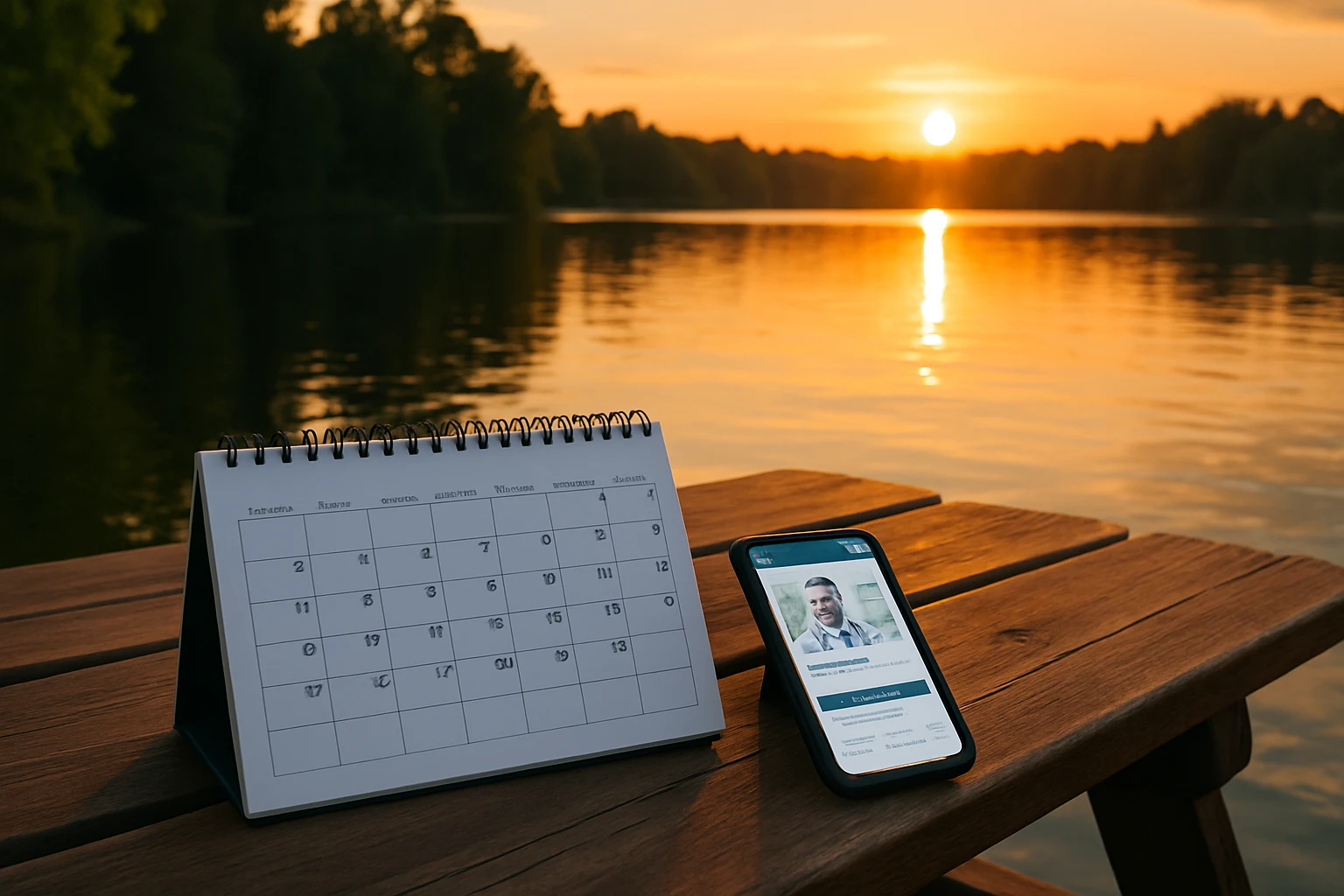 A calendar and a smartphone with the Vosita.com app open, placed on a wooden picnic table overlooking a serene lake at sunset, with reflections shimmering on the water.