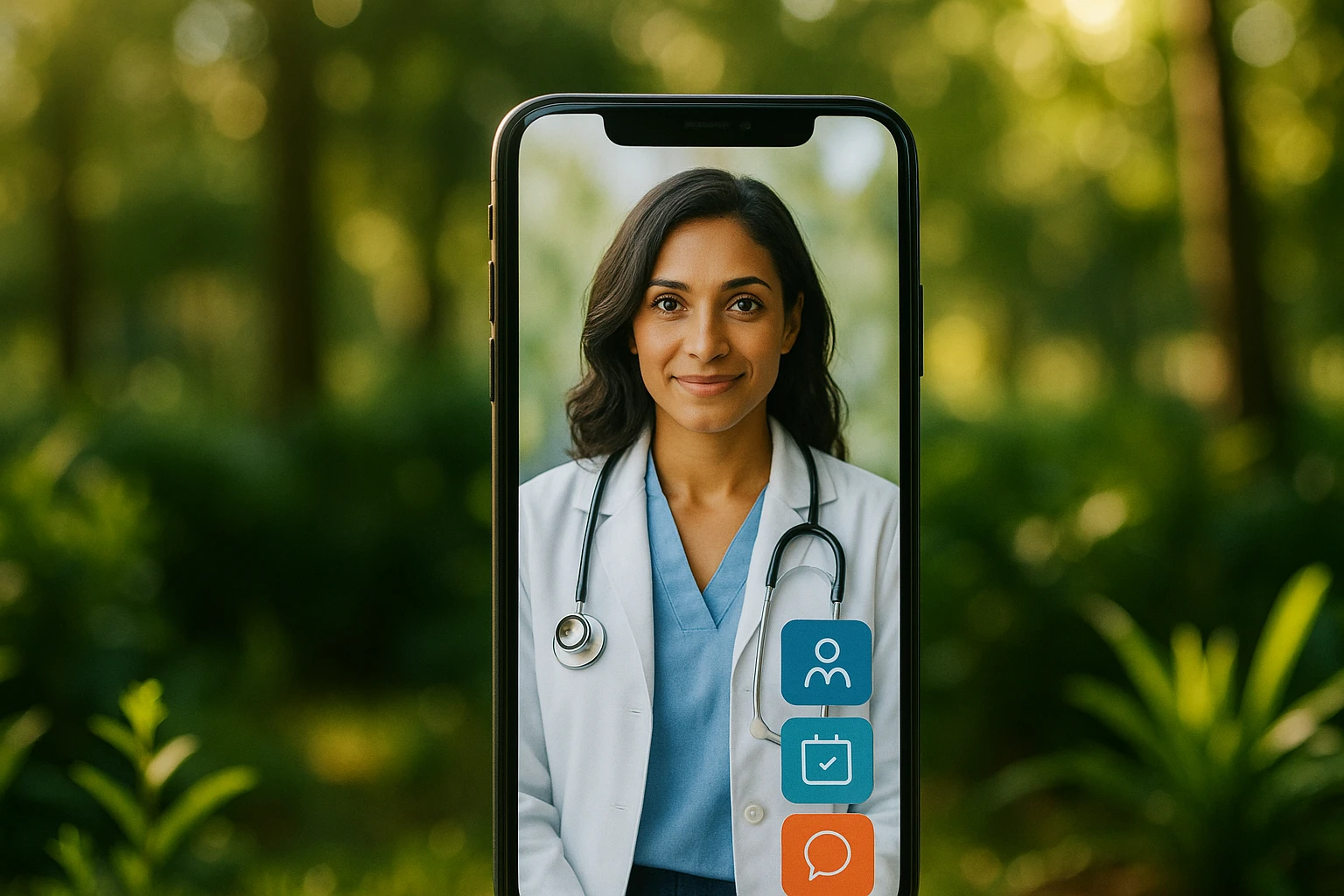 A close-up of a smartphone displaying the Vosita.com interface, surrounded by outdoor elements like lush greenery and sunlight filtering through trees, symbolizing the blend of technology and personal touch in healthcare.