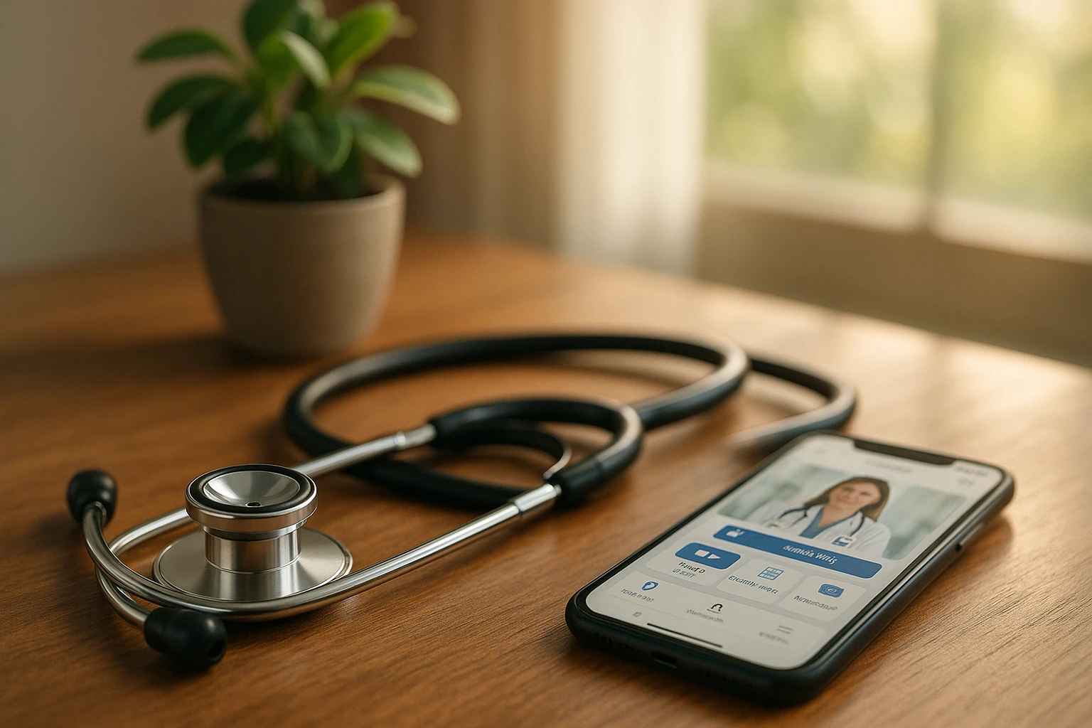 A stethoscope resting on a wooden table next to a smartphone displaying the Vosita.com interface, with a potted plant and soft sunlight streaming through a window, emphasizing the harmony between healthcare and technology in a tranquil setting.