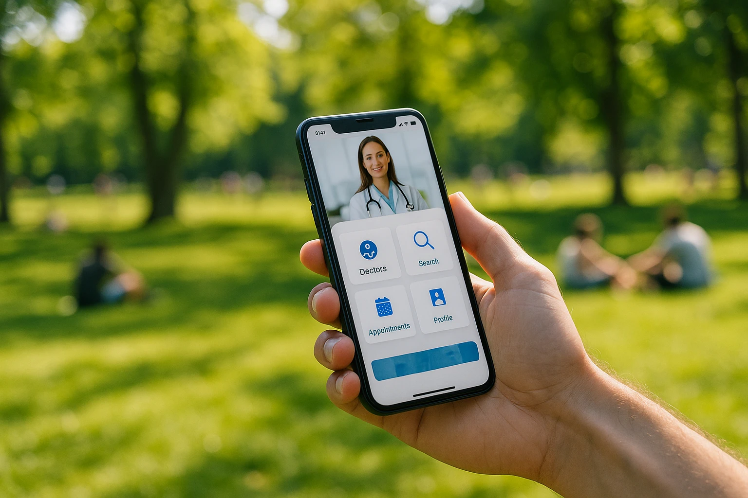 A smartphone displaying the Vosita.com app interface is being used in a sunlit park, surrounded by vibrant greenery and people enjoying a leisurely day, highlighting convenience and accessibility.