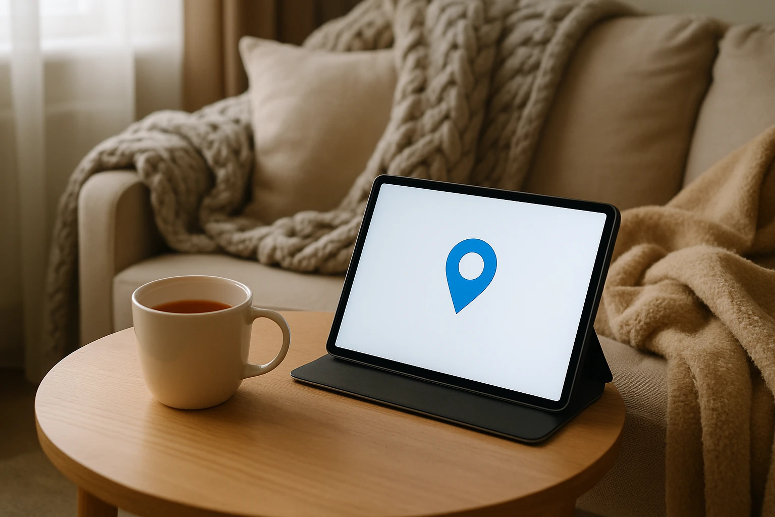 A cozy home setting with a cup of tea on a table next to a tablet displaying the Vosita.com logo, surrounded by cozy blankets and a calm atmosphere, highlighting relaxation and ease.