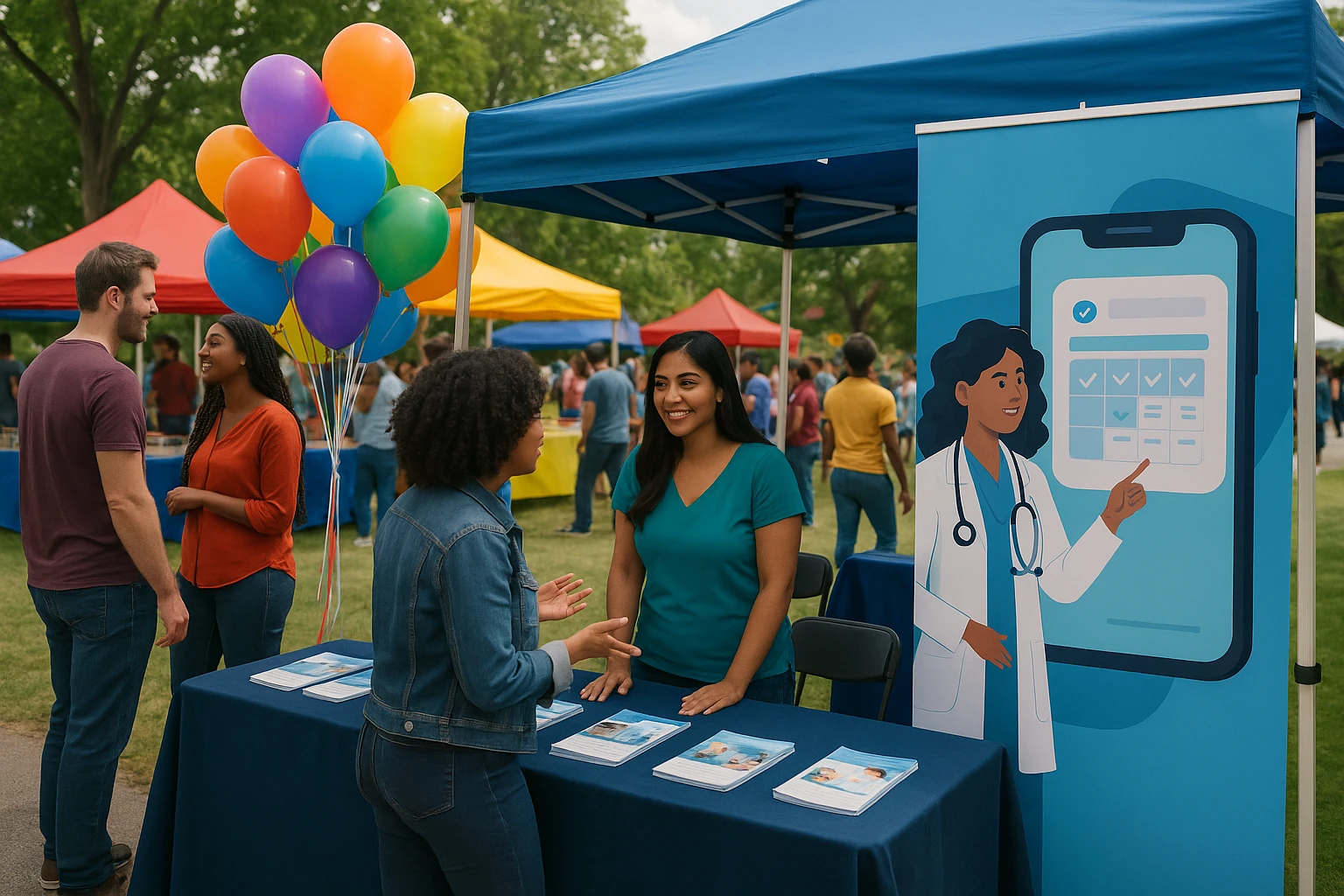 A vibrant community fair with a Vosita booth, showcasing brochures and a large banner highlighting seamless healthcare scheduling, with colorful balloons and attendees engaged in conversation.