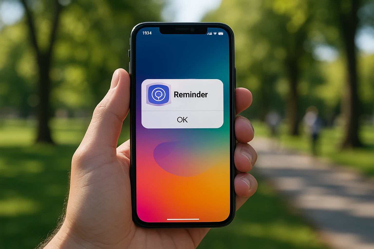 A close-up of a person's hand holding a smartphone displaying a colorful reminder notification from the Vosita app, set against a backdrop of a sunny park with trees and people walking in the distance.