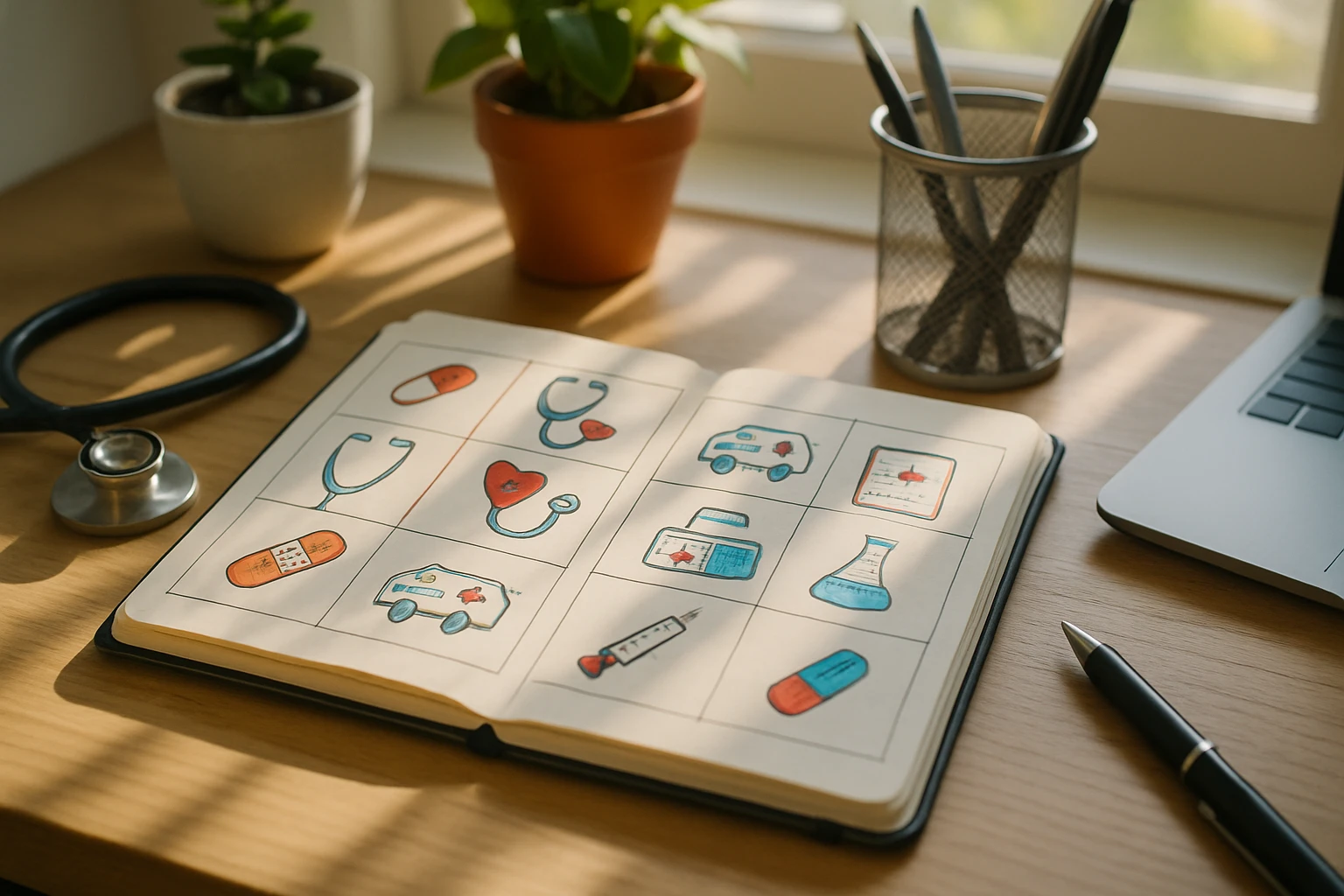 A neatly organized desk contrasting with a whimsical planner showcasing colorful, hand-drawn icons of medical appointments under bright sunlight streaming through a window, with potted plants adding a touch of nature.