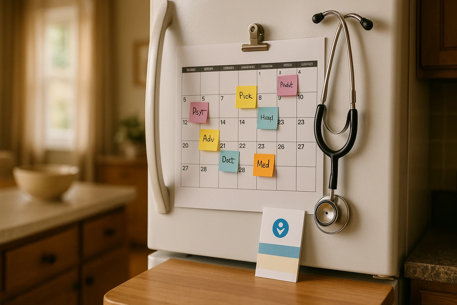 A calendar on a kitchen refrigerator covered in colorful sticky notes marked with medical appointments, next to a stethoscope and a small Vosita-branded pamphlet in a cozy, well-lit home setting.