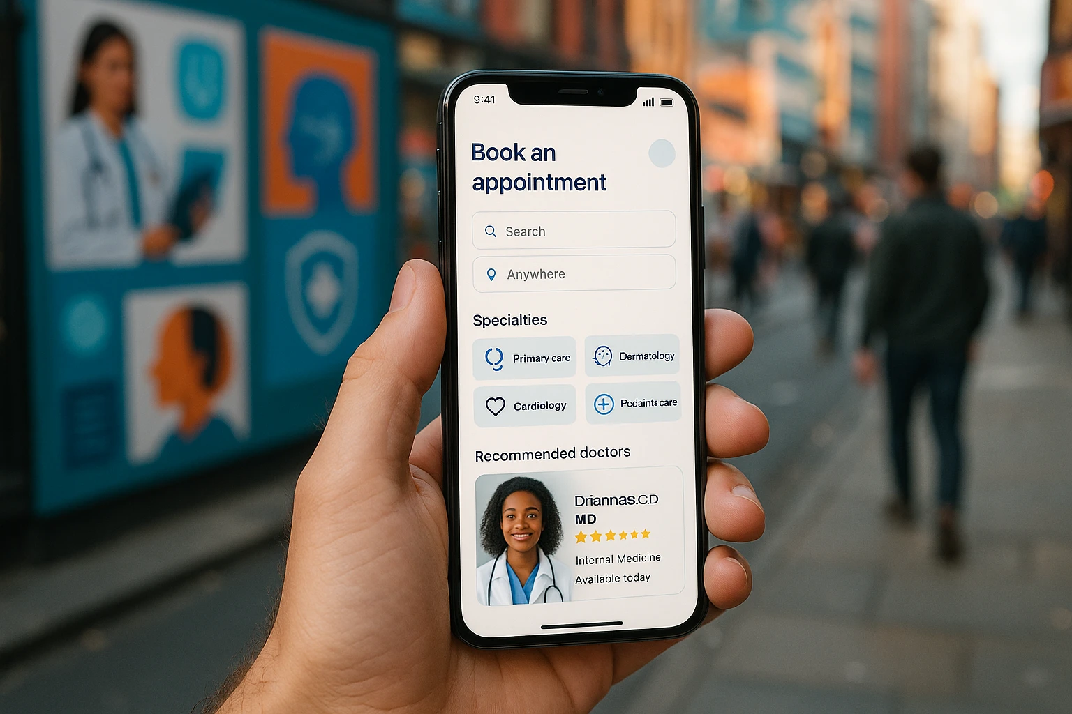 A smartphone displaying the Vosita app interface, set against a vibrant, busy street scene with healthcare-related posters in the background.