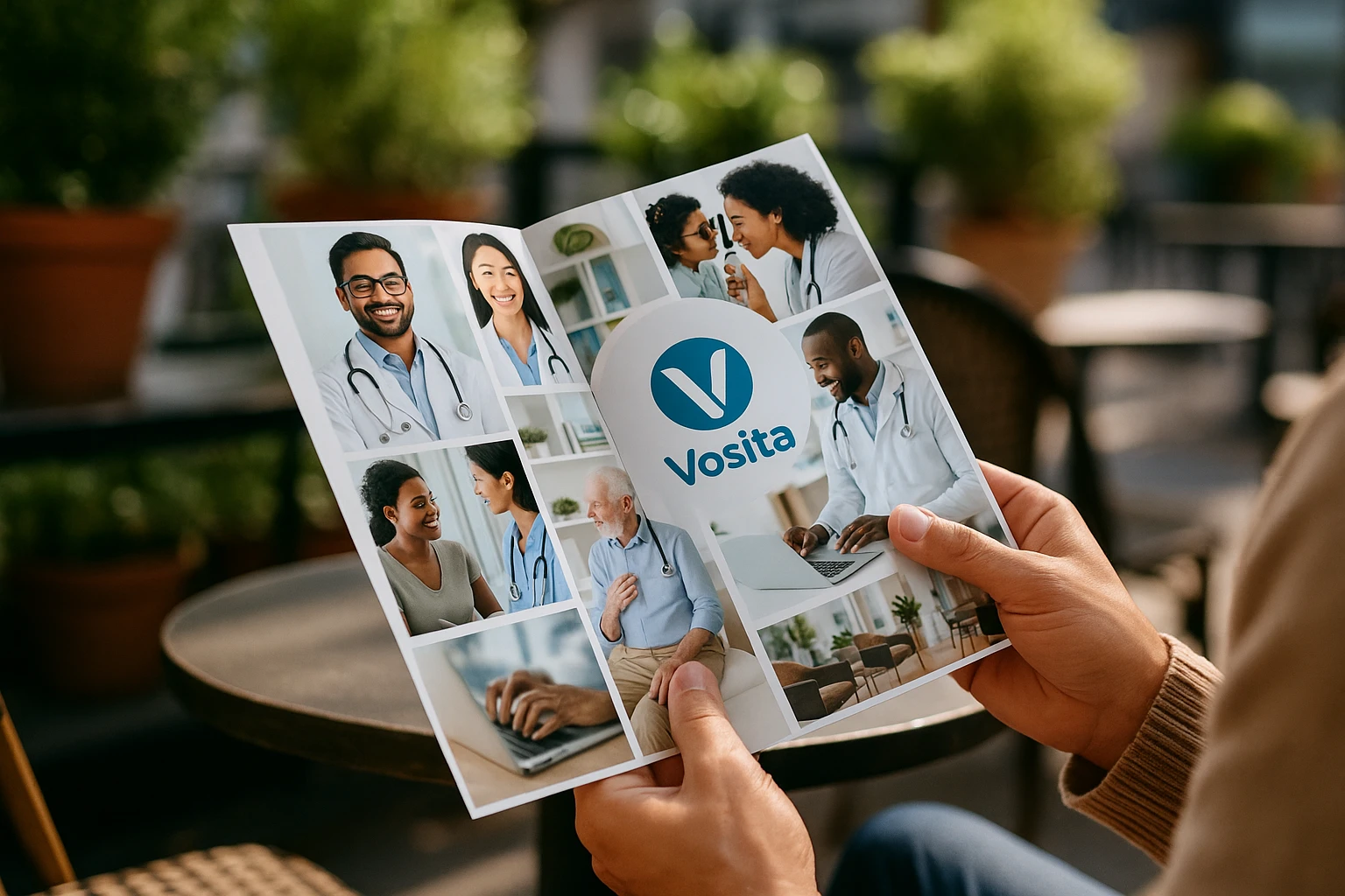 A patient flipping through a printed brochure showcasing various healthcare providers and services, with a focus on Vosita's logo prominently displayed, set against a bright outdoor cafe scene with potted plants and soft sunlight.