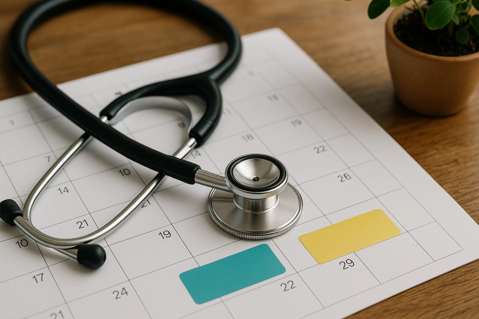 A close-up of a doctor's stethoscope resting on a calendar page marked with colorful appointment stickers for Vosita and Zocdoc, set on a wooden table with a small potted plant nearby.