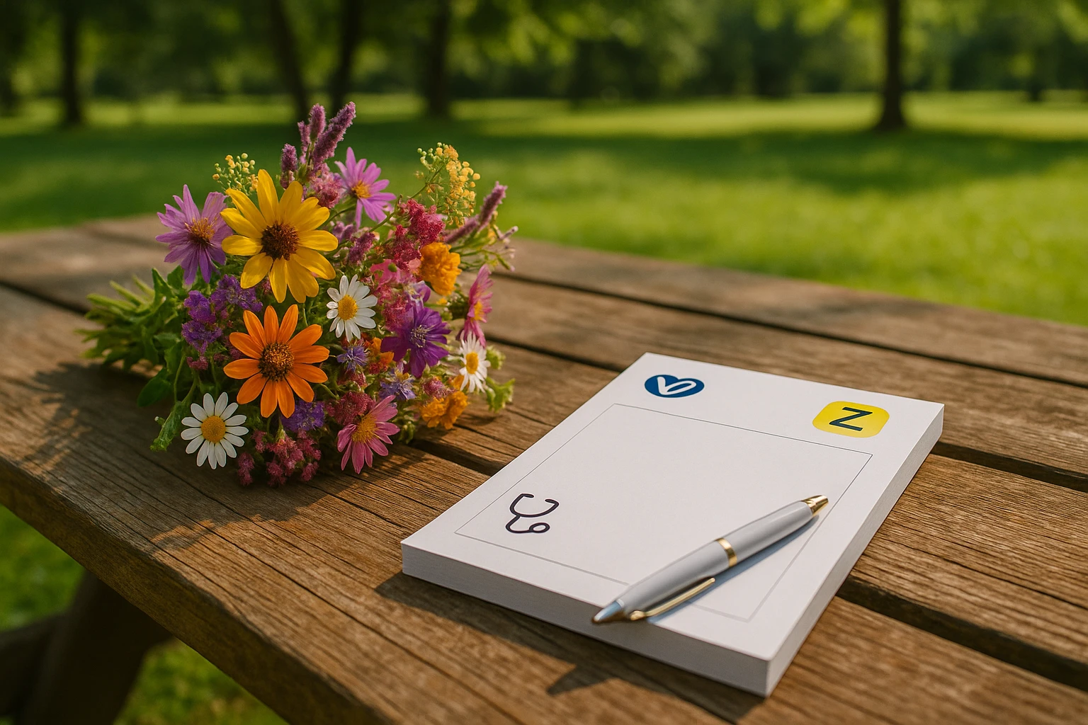 A doctor’s prescription pad featuring the logos of Vosita and Zocdoc, placed next to a colorful bouquet of wildflowers on a rustic wooden picnic table in a bright, sunny outdoor park setting.