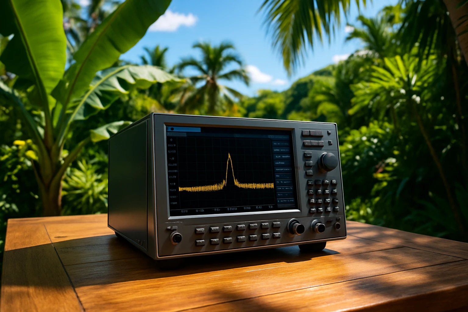 A high-tech spectrum analyzer placed on a wooden table outside, surrounded by lush tropical foliage in Maui, Hawaii, with the bright sunlight highlighting its sleek metallic design as it scans the environment for hidden frequencies.