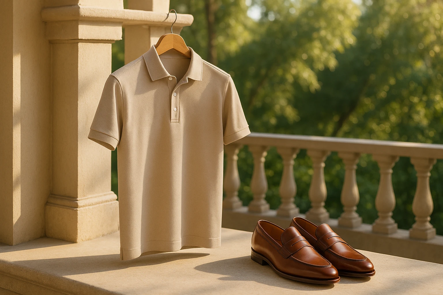 On a sunlit veranda, a meticulously tailored Italian pique polo hangs elegantly on a wooden hanger beside a pair of handcrafted leather loafers, all set against a backdrop of lush green foliage and soft morning light.