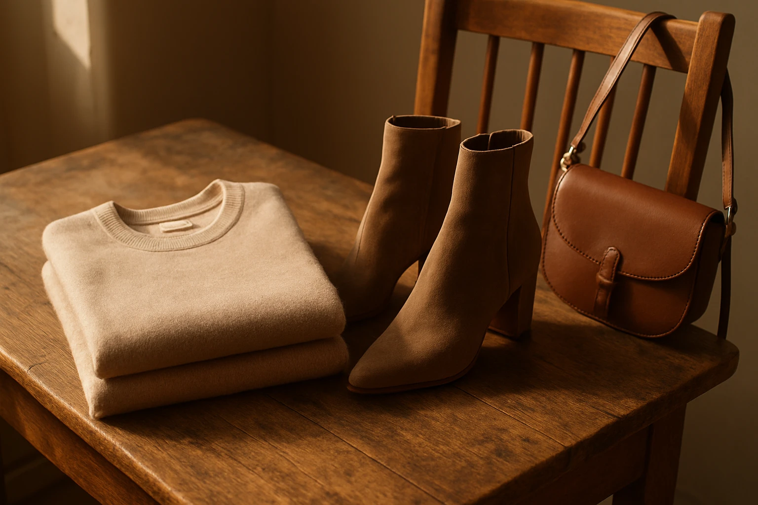 A neatly folded cashmere sweater rests atop a rustic wooden table, complemented by a pair of elegant suede ankle boots, with a stylish leather crossbody bag hanging from the chair beside it, all bathed in the warm glow of a late afternoon sun.