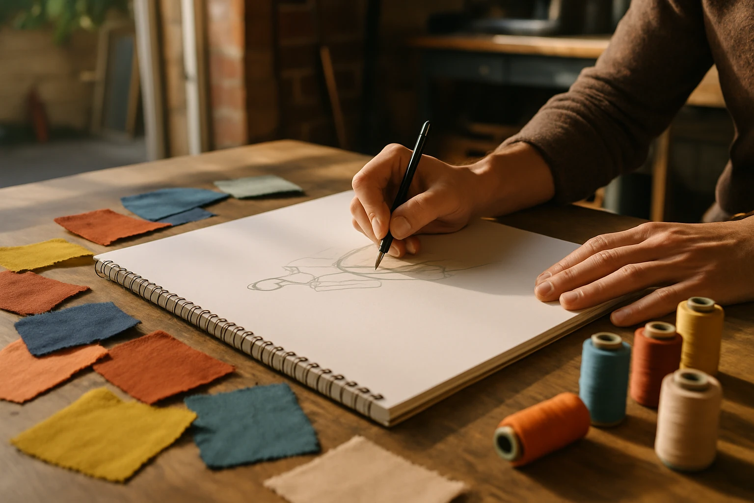 A designer's hands sketching fashion ideas on a large sketchpad, surrounded by fabric swatches and colorful threads, in a cozy, sunlit garage workspace.