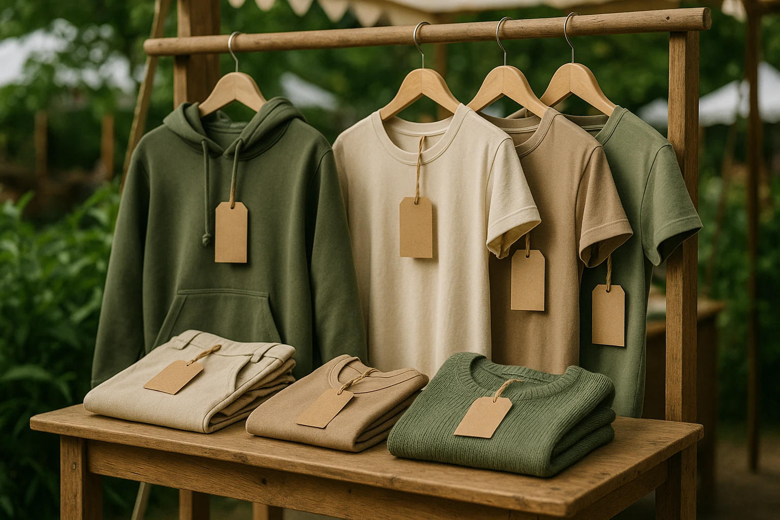 A collection of eco-friendly clothing items on a wooden market stall at an outdoor craft fair, featuring handmade tags highlighting sustainable materials and fair-trade practices, with lush greenery in the background.