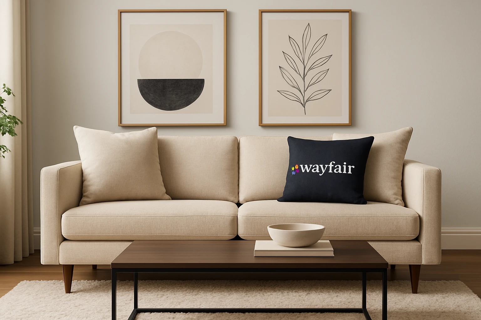 A stylish living room featuring a modern Wayfair sofa set against a backdrop of elegant wall art, with a Wayfair-branded throw pillow accenting the arrangement, while a plush area rug and sleek coffee table complete the cozy ambiance.