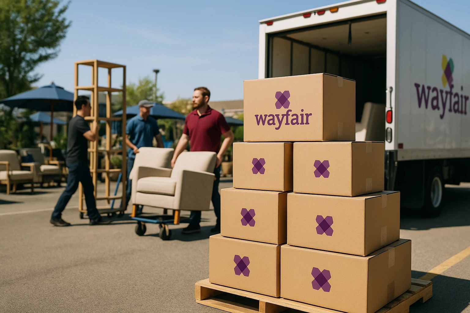 A bustling outdoor scene at a home improvement market featuring a stack of Wayfair-branded shipping boxes beside a delivery truck, with workers loading furniture pieces under a clear blue sky, showcasing the logistics of Wayfair’s efficient supply chain.