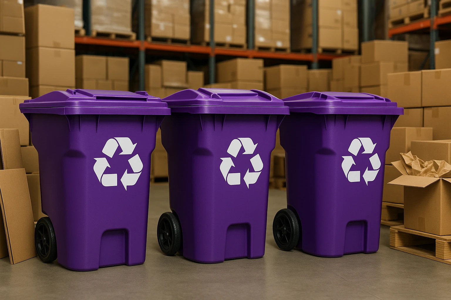 Wayfair-branded recycling bins in a warehouse setting, surrounded by cardboard boxes and packaging materials, illustrating the company's commitment to sustainable waste management practices.