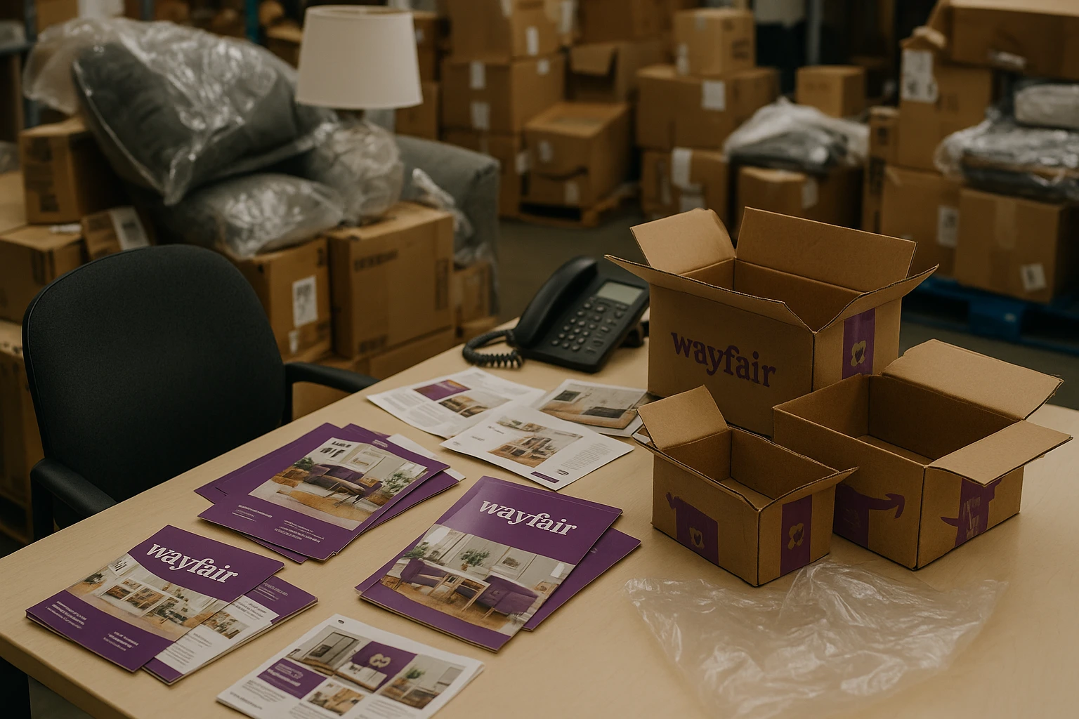 A cluttered customer service center desk, scattered with Wayfair-branded pamphlets and open packaging boxes, surrounded by piles of returned goods, highlighting the challenges and frustrations in their returns process.