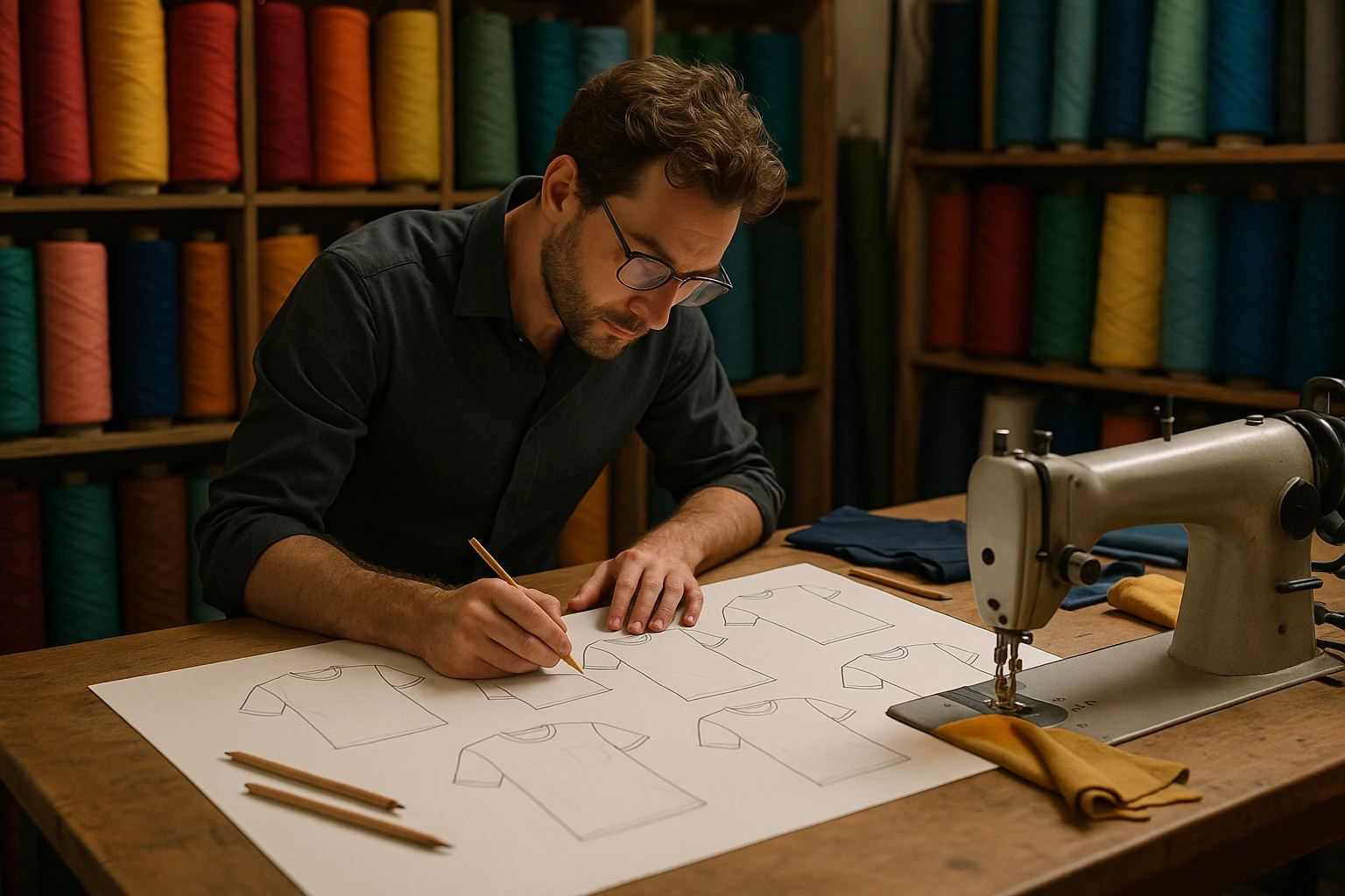 A tailor's workshop filled with vibrant rolls of fabric, a sewing machine in use, and a designer sketching personalized t-shirt patterns on a large table.