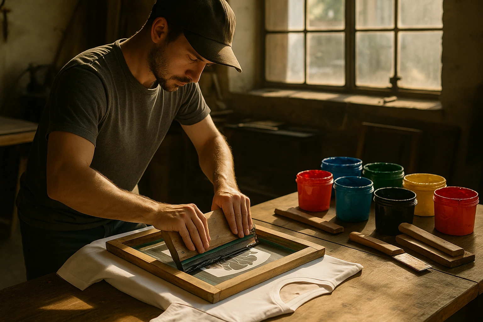 A worker in a sunlit workshop meticulously screen-printing a graphic onto a plain white t-shirt, with various vibrant ink pots and squeegees laid out on a wooden table nearby, showcasing the handcrafted nature of the made to order process.