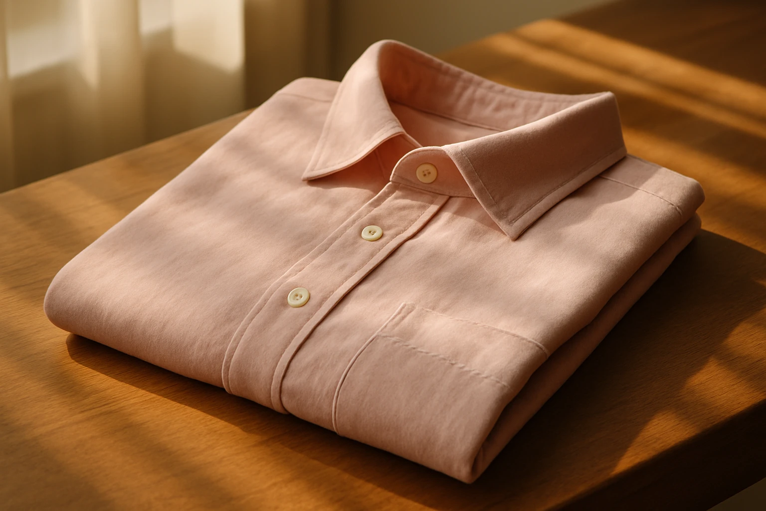 A close-up of a soft, pastel-colored cotton shirt neatly folded on a wooden table, with gentle sunlight streaming through a nearby window creating warm, inviting shadows.