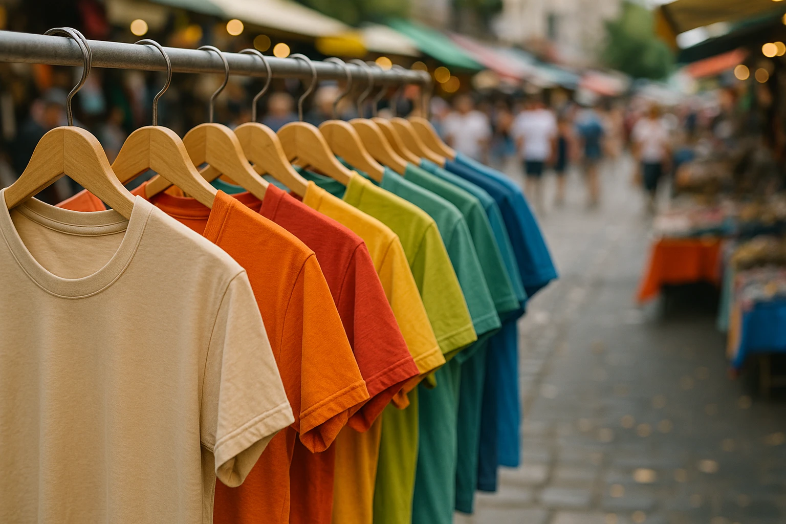A rack displaying an array of colorful, soft cotton shirts hanging neatly in an open-air market stall, with a gentle breeze causing the shirts to sway slightly against a backdrop of bustling shoppers and vibrant market stalls.