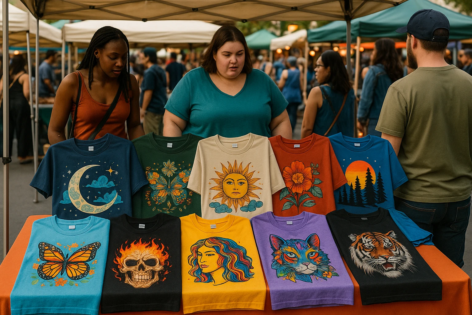 A vibrant outdoor market stall displays a diverse array of graphic tees in various inclusive sizes, each featuring bold and artistic designs, surrounded by shoppers eagerly browsing through the colorful selection.