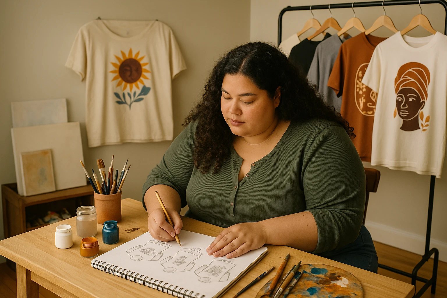 A cozy home studio with an artist sketching designs for inclusive size graphic tees, surrounded by canvases and paint supplies, while various tees featuring cultural motifs hang on a display rack in the background.