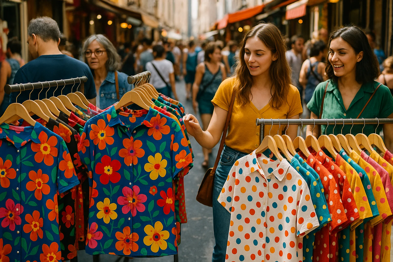 A vibrant street market scene with colorful racks of clothing displaying shirts adorned with oversized floral patterns and whimsical dots, framed by the lively bustle of shoppers admiring the eclectic, playful prints.