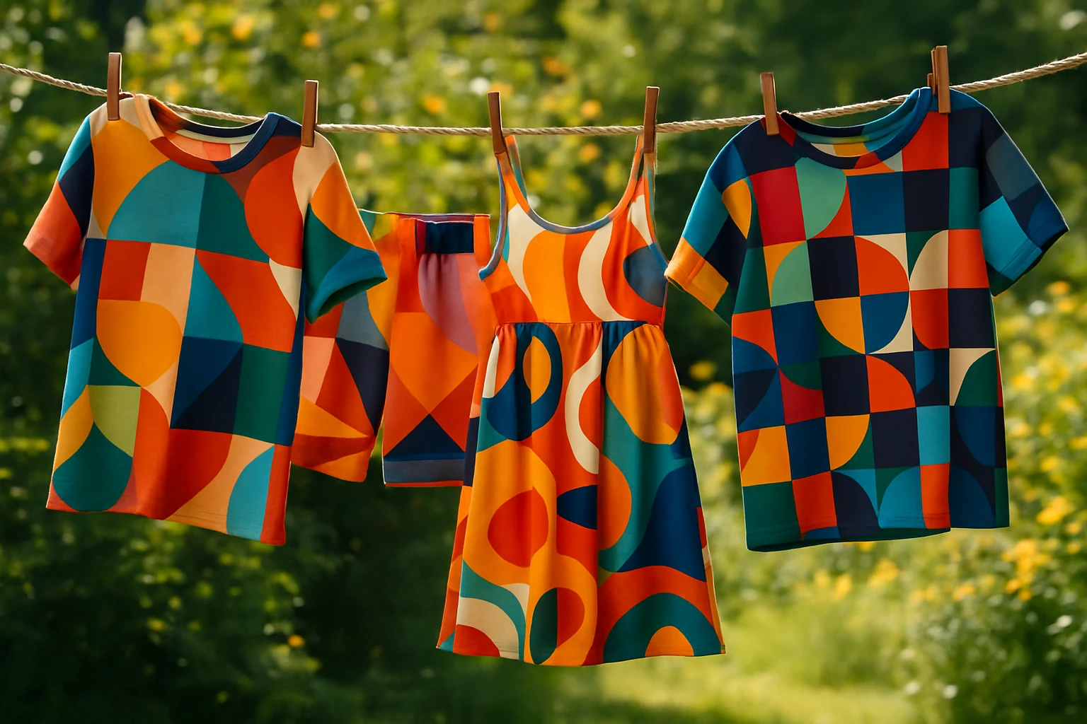 A collection of playful printed apparel displayed on an outdoor clothing line, featuring bold geometric patterns and vibrant, abstract designs, with a sunlit garden in the background highlighting the intricate details of each fabric.