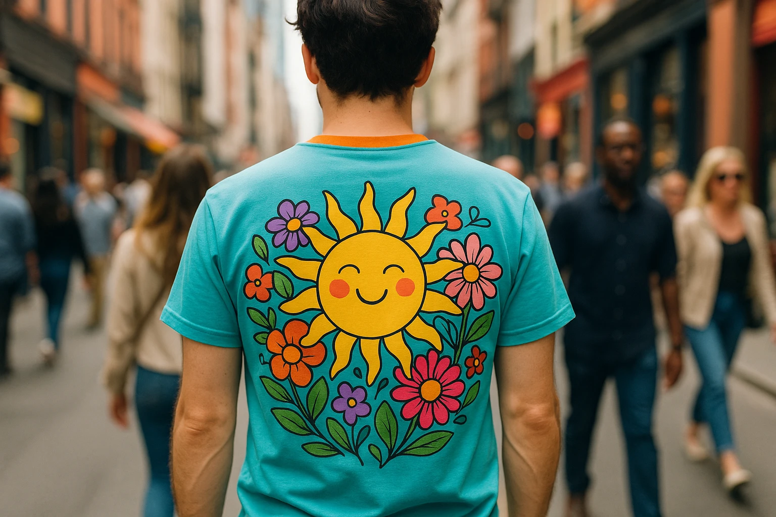 A vibrant street scene where someone is wearing a shirt with a colorful illustration of a cheerful sun surrounded by blooming flowers, capturing the attention of passersby with its playful and uplifting design.