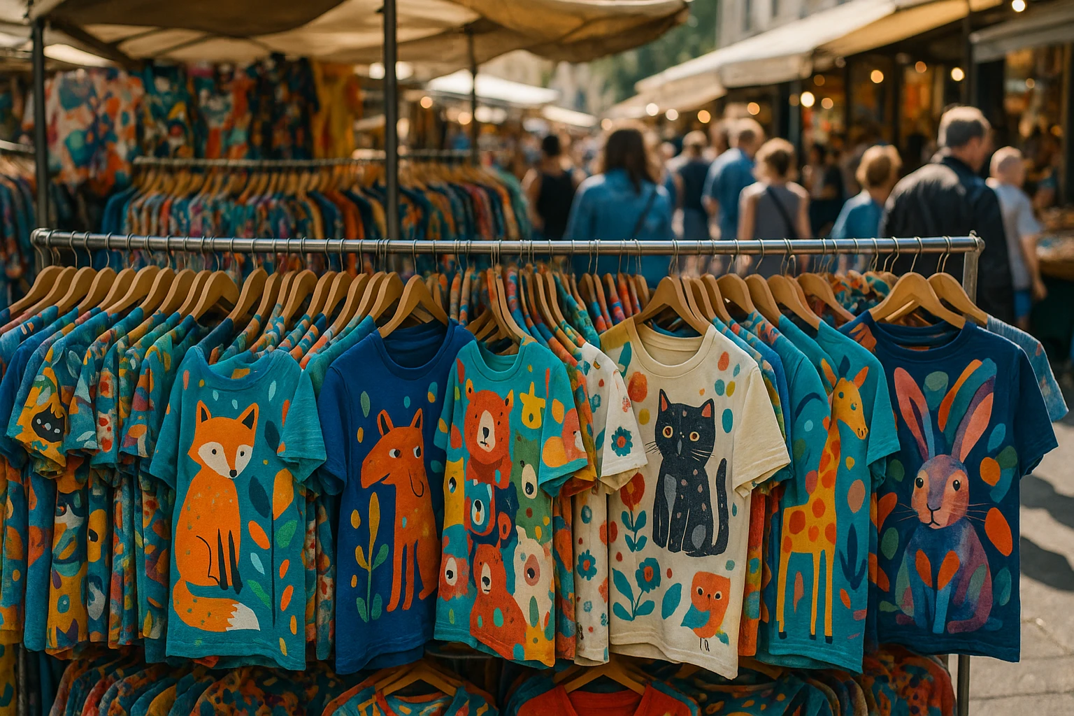 A market stall overflowing with colorful graphic shirts, each adorned with whimsical animal patterns and abstract art designs, set against a bustling open-air market with shoppers eagerly browsing the vibrant collection.