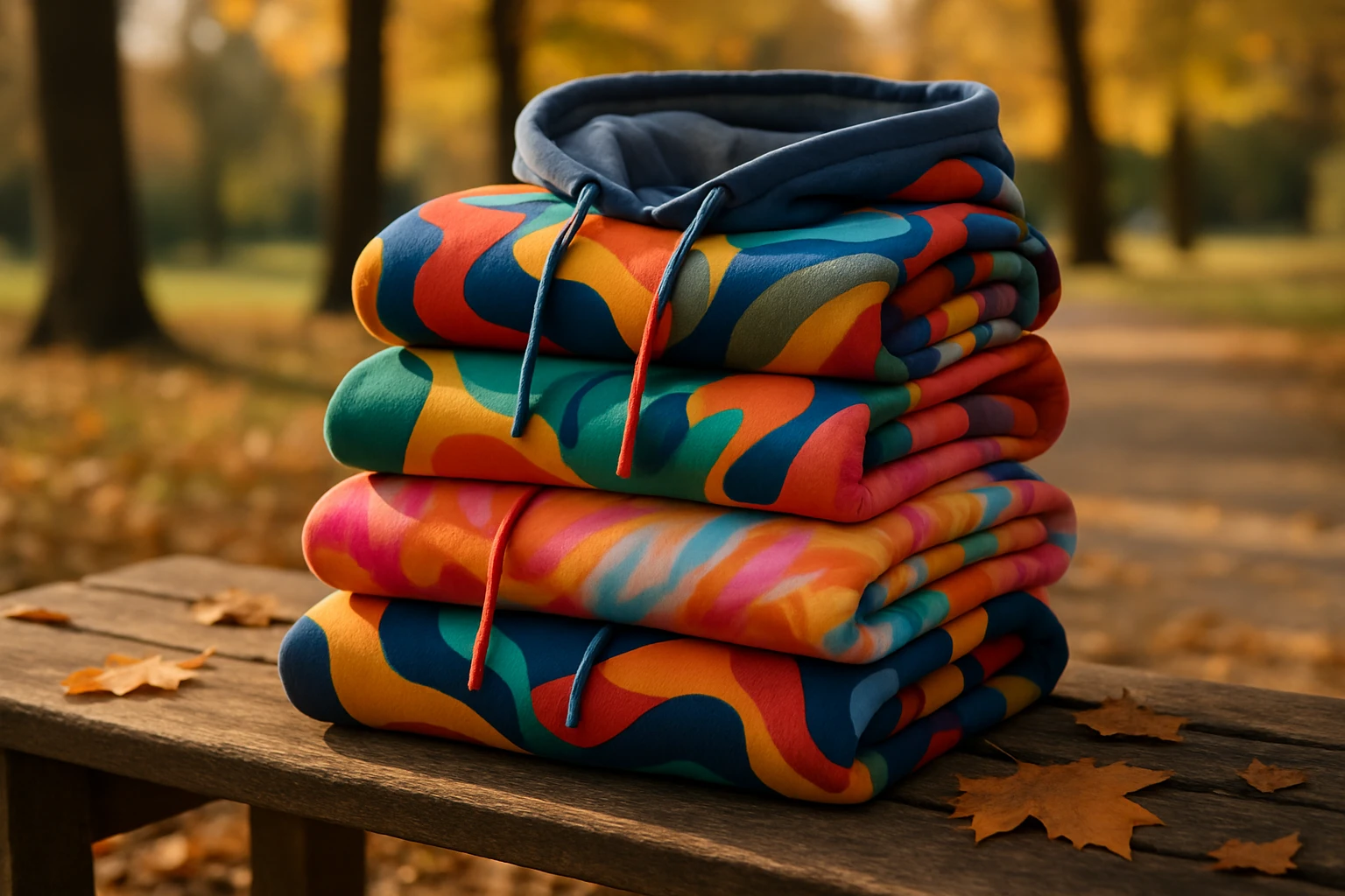 A stack of vibrant, custom-designed hoodies displayed on a rustic wooden bench in a sunlit park, each showcasing unique patterns and colors, with autumn leaves scattered around.