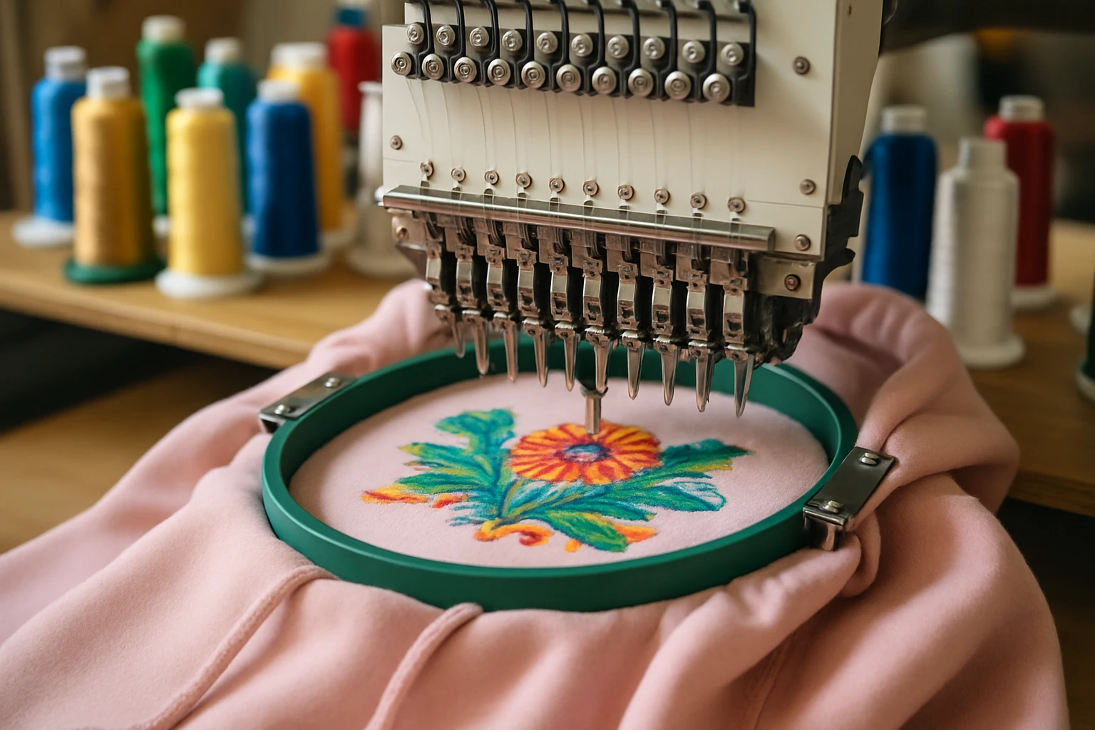 A close-up of an embroidery machine in a workshop, stitching a detailed, vibrant design onto a soft, pastel-colored hoodie, with spools of colorful thread surrounding the workspace.