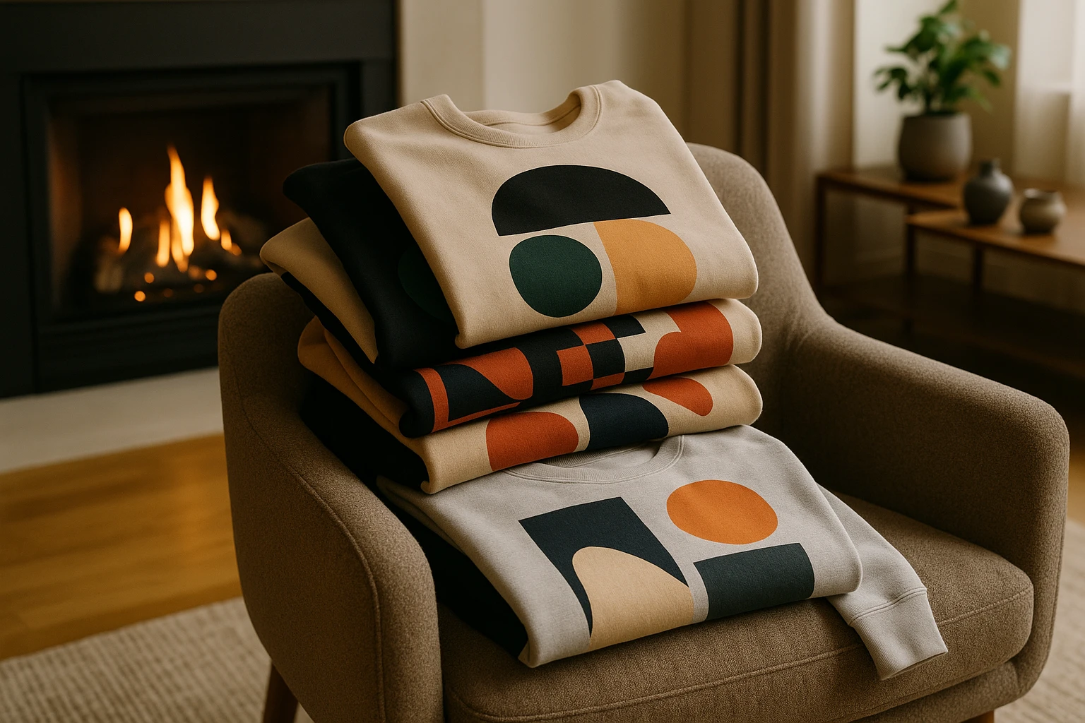 A cozy living room setting with a modern fireplace, where a stack of unique graphic sweatshirts featuring minimalist geometric designs and bold, abstract patterns is artfully draped over a plush armchair, complemented by a background of stylish, contemporary home decor.