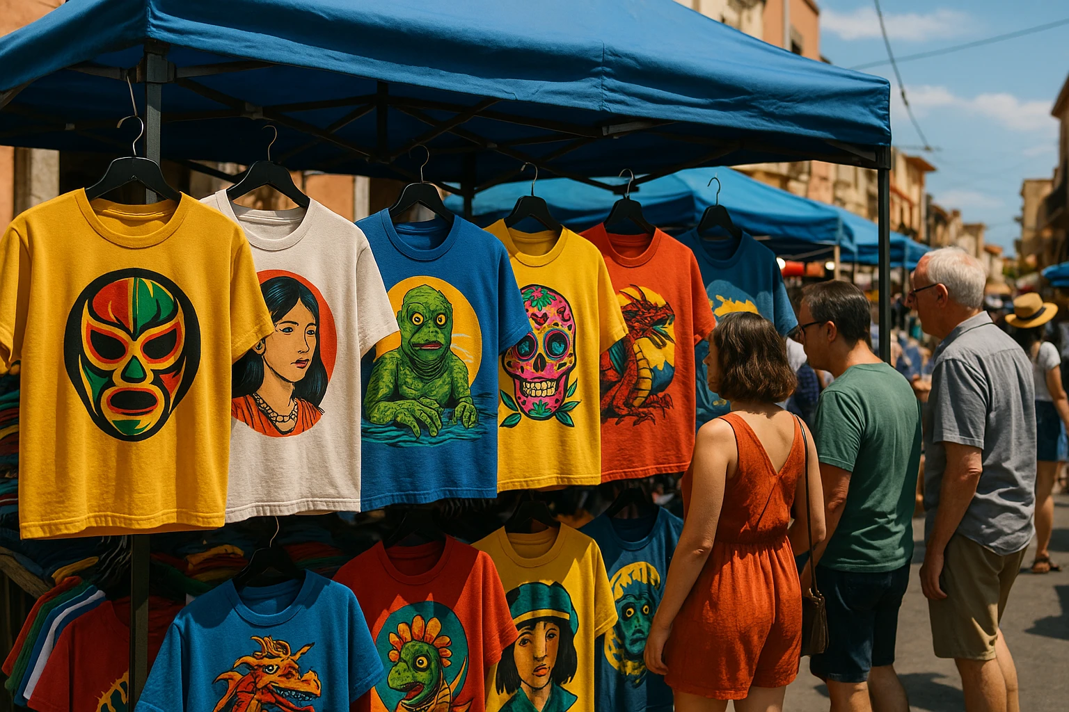 A vibrant street market scene with a stall displaying a variety of graphic tees, each featuring bold, colorful designs of local folklore and nostalgic icons, with curious shoppers browsing through the collection under a sunny sky.