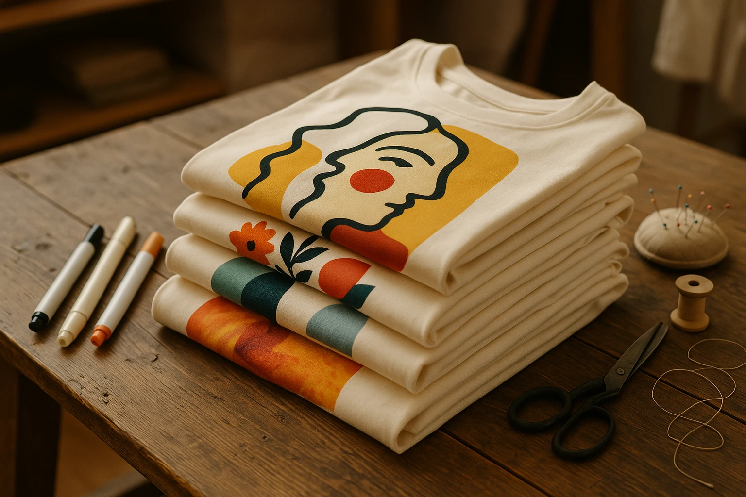 A close-up of a neatly folded stack of graphic tees on a rustic wooden table, each featuring personalized designs with vibrant, unique motifs like abstract art and custom messages, surrounded by craft tools such as fabric markers and sewing accessories in a cozy atelier setting.