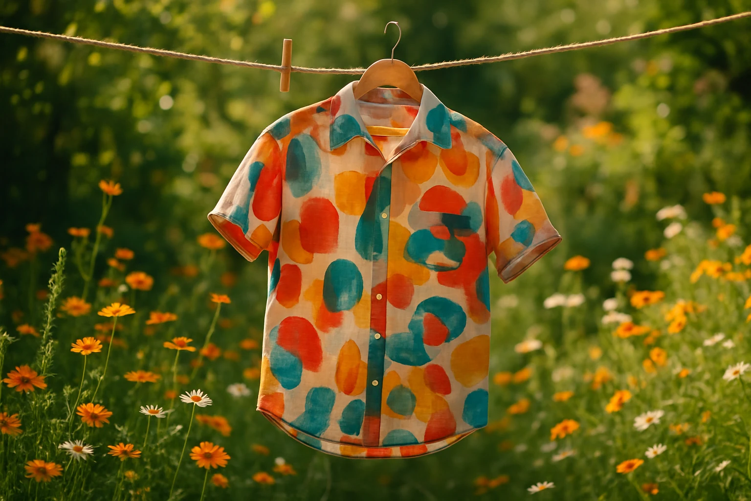 A cozy cotton shirt with vibrant, abstract patterns hangs gently on a wooden clothesline in a sunlit garden, surrounded by blooming wildflowers and softly swaying in the breeze.