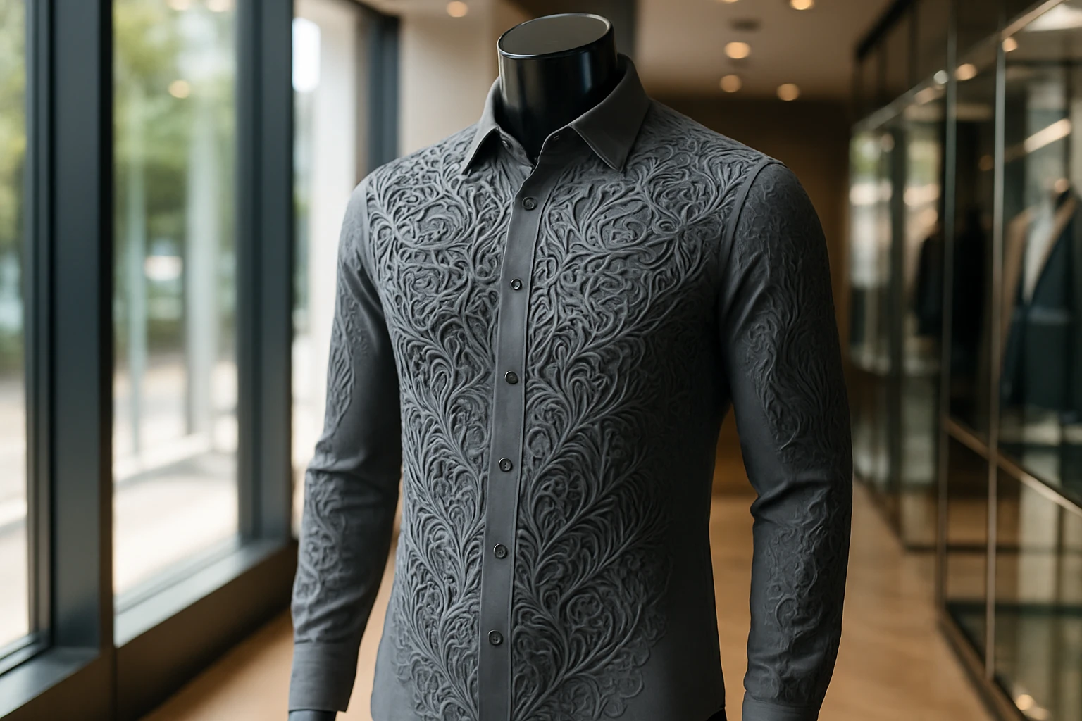 A sleek shirt with intricate 3D-printed patterns draped over a polished mannequin in a modern boutique, surrounded by natural light streaming through large windows and reflecting off mirrored displays.