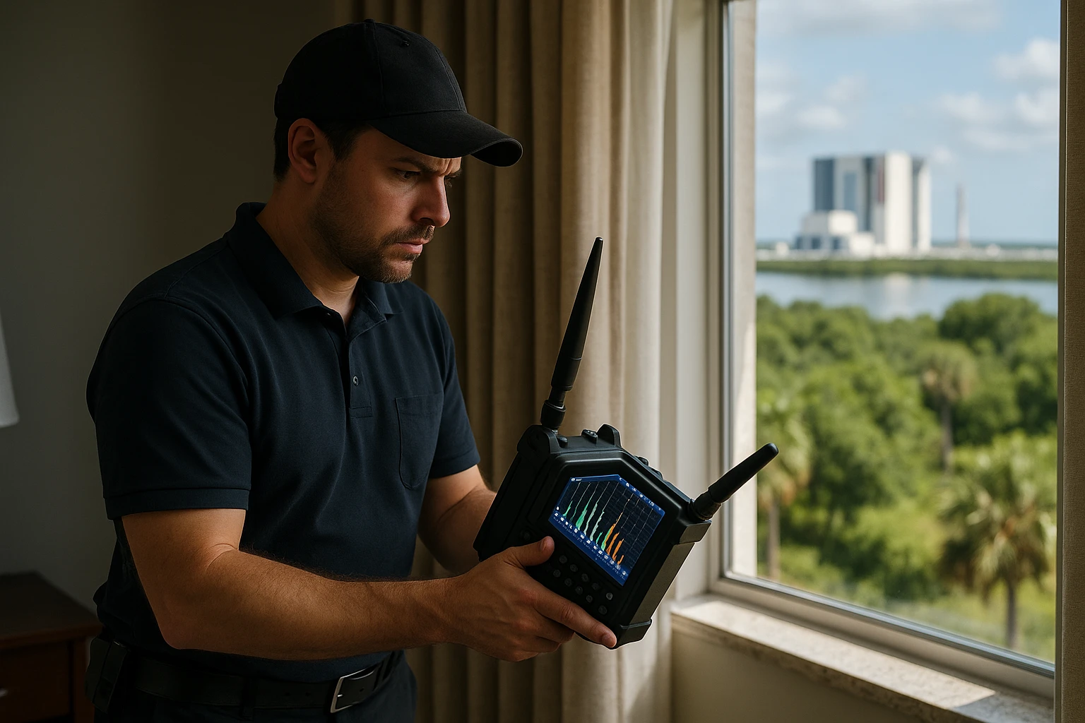A technician carefully examines a room with a handheld spectrum analyzer, scanning for hidden surveillance devices amidst the backdrop of Merritt Island's lush greenery and the iconic Kennedy Space Center visible in the distance.
