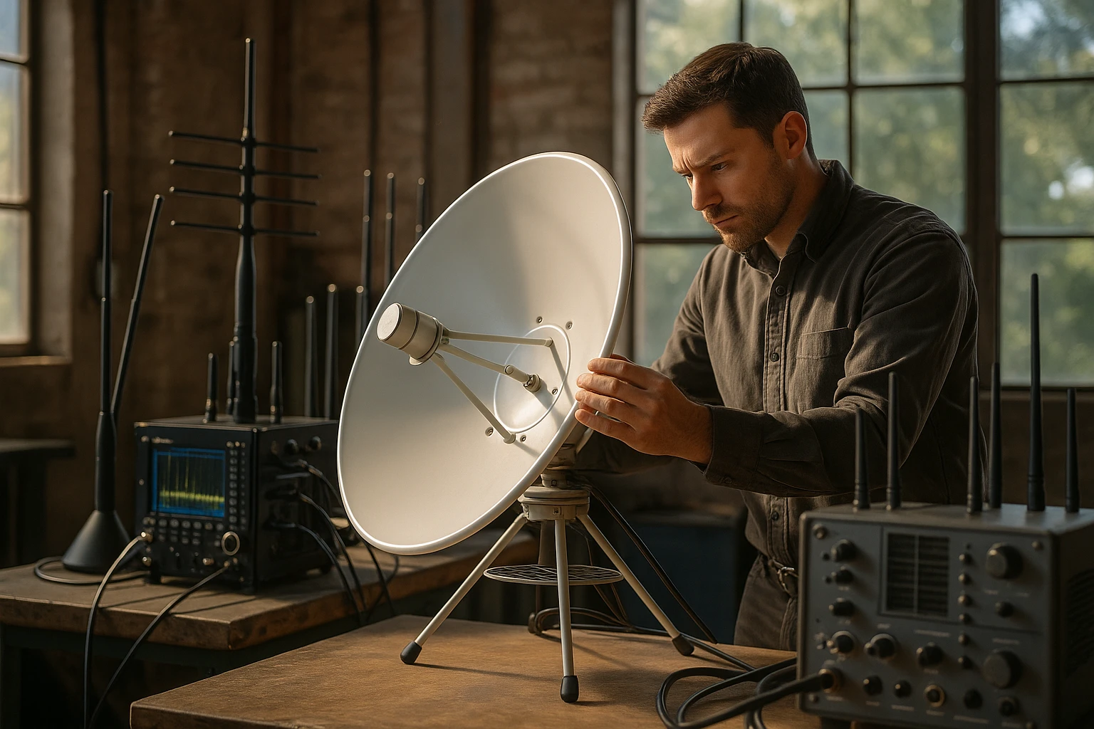 In a sunlit workshop near Merritt Island, an engineer adjusts a parabolic antenna while surrounded by an array of advanced RF detectors and signal jammers, emphasizing the technical precision required for effective TSCM bug sweeps.