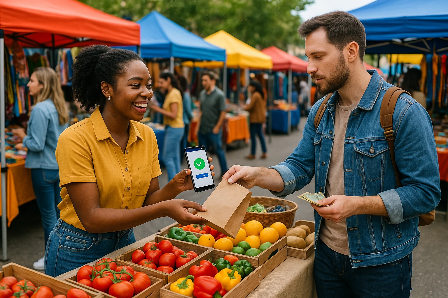 A vibrant outdoor marketplace with colorful vendor stalls displaying a variety of products, customers interacting and exchanging goods, and a prominent digital payment sign showcasing seamless online transactions.